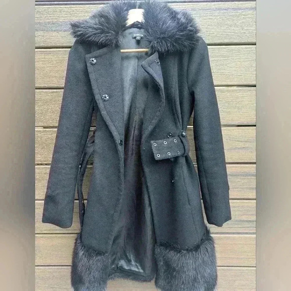 Bebe Wool Black Faux Fur Trim Black Midi Coat - like new condition - Picture 2 of 11